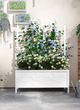 Outdoor Planter Box Galvanized Raised Garden Bed with Trellis for Climbing Vines, 35.4" x 15.7" x 47.2", White