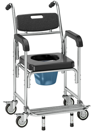 3-in-1 Shower Commode Wheelchair, Accessible Transport Commode Medical Rolling Chair, Black