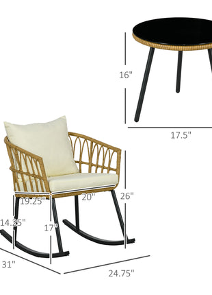 Wicker Outdoor Rocking Chair Set, 3 Piece Patio Bistro Set with 2 Porch Rocker Chairs, Glass Top Coffee Table and Cushions, Patio Conversation Set for Balcony, Backyard, Cream White