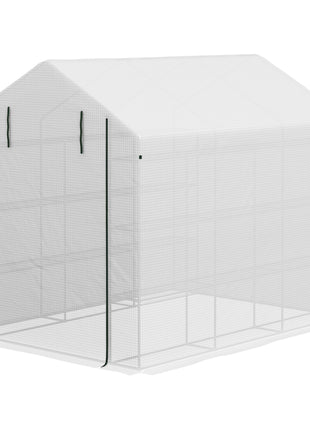 Outdoor Walk-in Greenhouse with Roll-up Zipper Door, 18 Shelves, PE Cover, 95.25" x 70.75" x 82.75", White