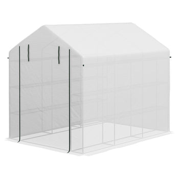 Outdoor Walk-in Greenhouse with Roll-up Zipper Door, 18 Shelves, PE Cover, 95.25" x 70.75" x 82.75", White