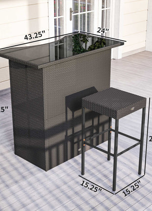 5 Piece Rattan Wicker Bar Set, High Top Outdoor Table and Chairs, Bar Height Patio Set, 2 Shelves & 4 Bar Stools, Brown