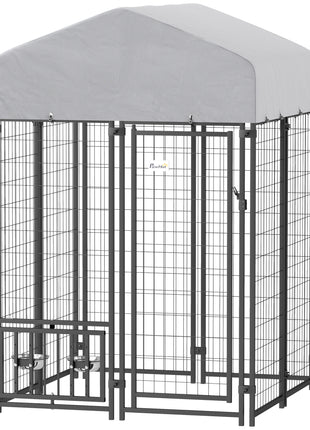 Welded Wire Outdoor Dog Kennel with 360° Rotating & 4 Levels Adjustable Bowls, Waterproof Cover, 3.9' x 3.9' x 6'