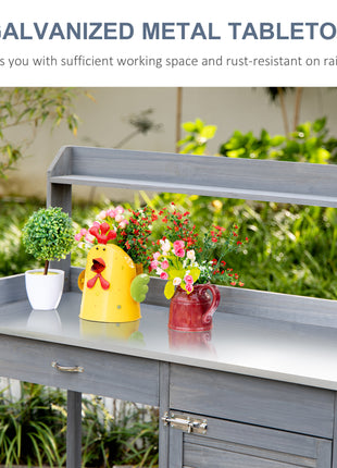 Outdoor Potting Bench Table, Garden Work Station with Storage Cabinet, Open Shelf and Steel Tabletop, Gray