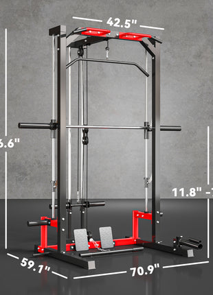 Smith Machine Power Rack with Pull Up Bar, Lat Pull Down System, Landmine, Squat Rack, Barbell Bar, for Home Gym