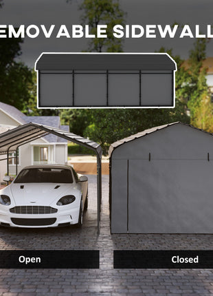 12' x 20' Metal Carport, Heavy Duty Garage Car Canopy with Galvanized Metal Roof and Removable Sidewalls, Dark Gray