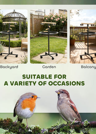 Portable Bird Play Stand, Parrot Perch Bird Feeder Station with Wheels, Stainless Steel Feeding Bowls, Tray, Gray