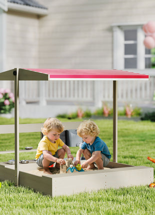 Kids Sandbox with Height Adjustable Canopy, Wooden Sandbox Backyard Toy with Kitchen Playset Accessories, Outdoor Activity Gift for Girls and Boys, Ages 3-7