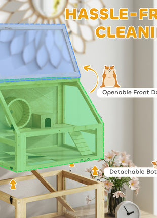 3 Tier Wooden Hamster Cage w/ Detachable Bottom, Hut, Seesaw, Exercise Wheel, Ramps, 24" x 16" x 29.5"