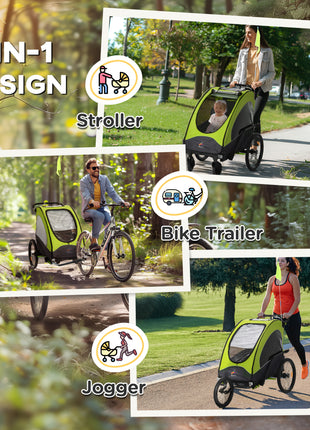 Bike Trailer for Kids 3 In1 Foldable Child Jogger Stroller Baby Stroller Transport Carrier with Shock Absorber System Rubber Tires Adjustable Handlebar Kid Bicycle Trailer Green and Gray