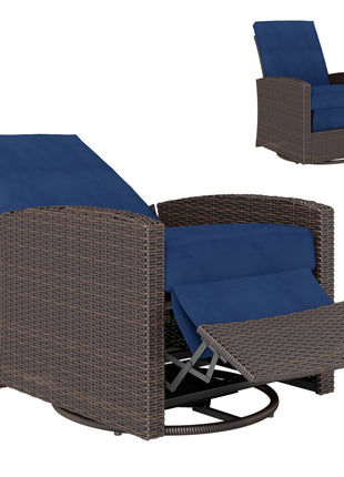 Outdoor Wicker Chair, Reclining Backrest, Lifting Footrest, 360° Rotating Basic, Water Resistant Cushions, Dark Blue