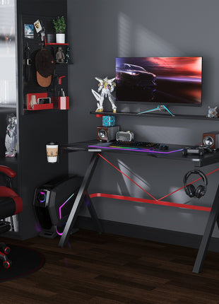 47 Inch Gaming Desk Racing Computer Desk Home Office Workstation with Elevated Monitor Shelf Rotatable Cup Holder Headphone Hook, Black