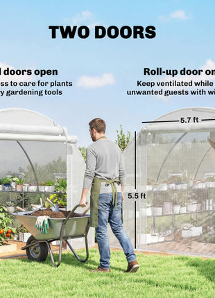10'x11'x6' Walk-in Tunnel Greenhouse with Shelves, Mesh Door and Windows, Hoop House Greenhouse with PE Cover, White