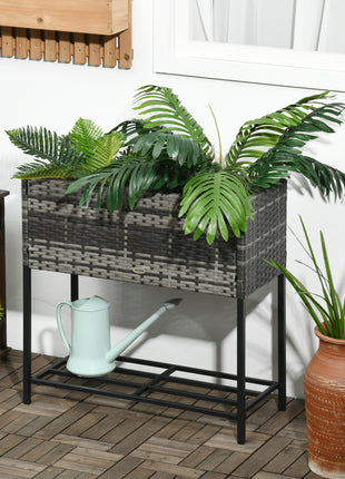 Raised Garden Bed, Elevated Planter Box with Rattan Wicker Look, Tool Storage Shelf, Portable Design for Herbs, Vegetables, Flowers, Gray