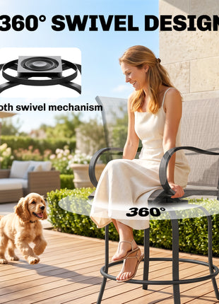 Outdoor Bar Stools Set of 2, 360° Swivel Bar Height Chairs, 26.75" x 29.5" x 48.5", Tan