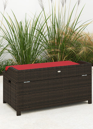 Outdoor Wicker Storage Bench with Storage & Cushion, Red