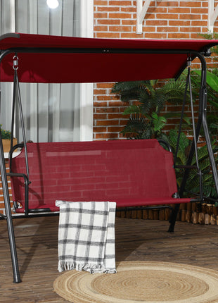 3-Person Porch Swing with Stand, Outdoor Swing for Patio Porch with Adjustable Tilt Canopy and Comfortable Swing Bench-Style Seat, Steel Frame, Wine Red