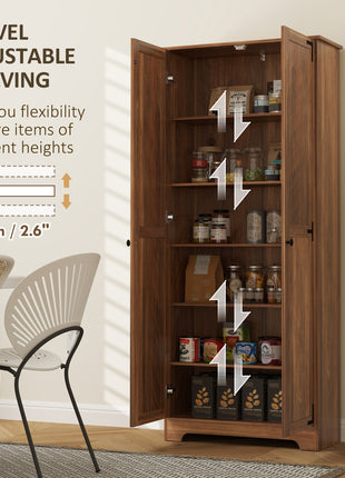 72" Farmhouse Pantry Cabinet, Freestanding Food Pantry Cabinet with Adjustable Shelves, Brown