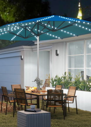 15ft Double-Sided Outdoor Umbrella with Solar Lights, UPF50+ Extra Large Aluminum Patio Umbrella with Crank, Blue