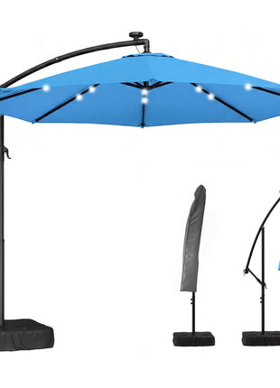 10 ft Cantilever Patio Umbrella with Light, Weight, Offset Hanging Outdoor Umbrella with Protective Cover, Lake Blue