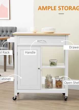 Kitchen Island Cart, Rolling Kitchen Island with Storage Shelf, Solid Wood Top, Drawer, for Dining Room, White