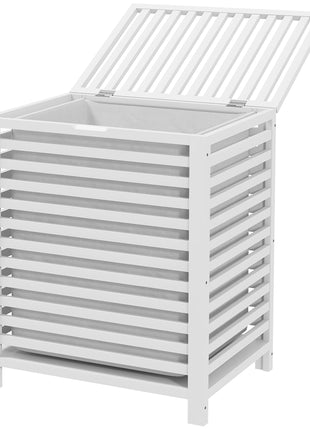 55 L Bamboo Laundry Basket with Lid, Cloth Hamper with Removable Liner Bag, 19.75 x 14.25 x 23.5 Inches, White
