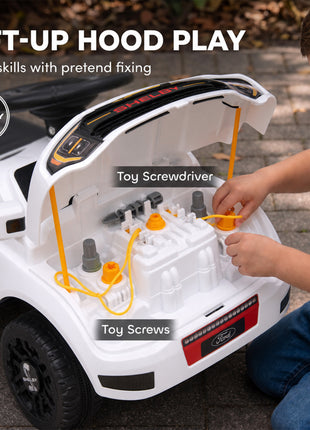 3-in-1 Push Car for 1-3, Licensed FORD Shelby Sliding Walking Car with Parent Handle, Canopy, Guardrail, Storage, White