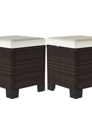 2 Piece Wicker Outdoor Ottomans with Cushions, Rattan Ottoman Footrest and Side Table for Patio, Yard, Poolside, Beige