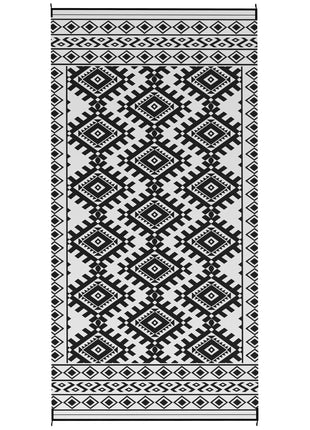 Reversible Outdoor Rug, Waterproof Plastic Straw with Carry Bag, 9' x 18', Black & White Rhombus Border