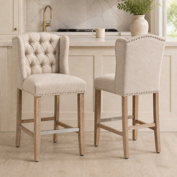 Counter Height Bar Stools Set of 2, 27" Seat Height Upholstered Barstools, Farmhouse Kitchen Island Stools with Nailhead-Trim, Tufted Back and Wooden Legs, Beige