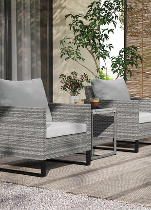 3PCS Patio Set, Wicker Bistro Set with Cushions, Rattan Chairs, Glass Coffee Table for Backyard, Porch, Balcony, Gray