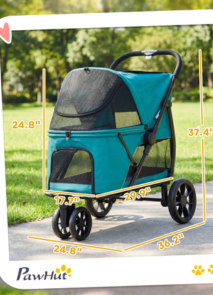3 Wheel Pet Stroller with Easy One-Click Quick Fold, Mesh Window, Washable Cushion, for Medium Dogs, Dark Green