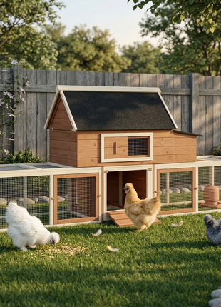 Wooden Chicken Coop, Outdoor Chicken Cage Poultry Hen House with Nesting Box, Double Runs, Asphalt Roof, Ramp