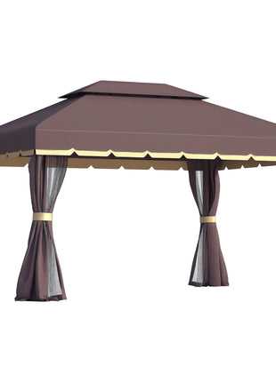 10' x 13' Patio Gazebo, Aluminum Frame Double Roof Outdoor Gazebo Canopy Shelter with Netting & Curtains, Coffee