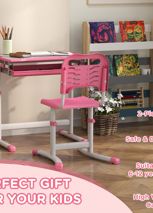 Height Adjustable Kids Desk and Chairs Set with Tilt Desktop, Storage Drawer, Pen Slot, Hook, Pink