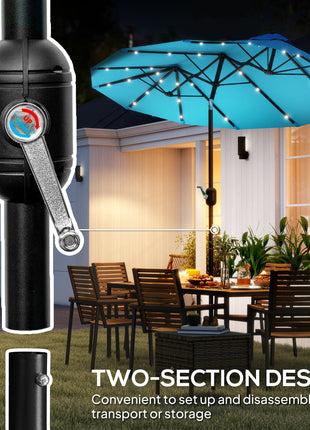Double-sided Patio Umbrella, 9.7' Outdoor Umbrella with Tilt and Crank, LED Solar Light and 12 Ribs, Light Blue