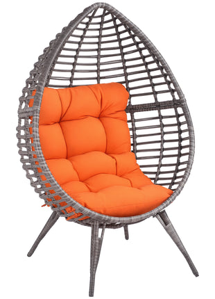 Patio Wicker Egg Chair w/ Soft Cushion, Teardrop Cuddle Seat, Outdoor / Indoor Patio Chair, PE Plastic Rattan Furniture with Adjustable Height Feet Pads, Orange