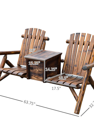 Double Wooden Adirondack Chair with Ice Bucket, Outdoor Loveseat with High Backrest, Smooth Armrest, Rustic Brown
