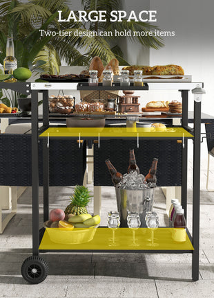 2-Tier Shelf Outdoor Bar Cart, Stainless Steel Tabletop Patio Serving Cart with Accessories for Poolside, Garden, Black