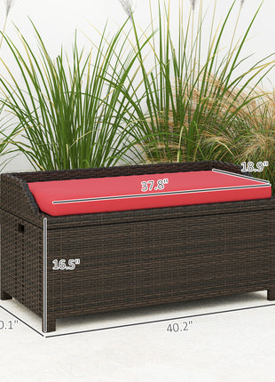Outdoor Wicker Storage Bench with Storage & Cushion, Red