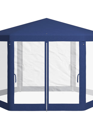 13' x 11' Outdoor Party Tent, Hexagon Sun Shade Shelter Canopy w/ Protective Mesh Screen Sidewalls, Ropes & Stakes, Blue