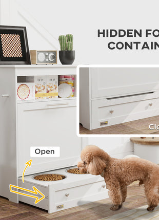Pet Feeder Station Storage Cabinet, Dog Food Storage Container with Dog Raised Bowls, Watering Supplies, White
