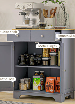 Kitchen Storage Cabinet, Sideboard Floor Cupboard with Solid Wood Top, Adjustable Shelf, and 2 Drawers, Gray