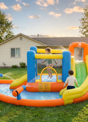 5-in-1 Kids Inflatable Bounce House Jumping Castle with Water Pool, Slide, Climbing Walls & 2 Water Guns