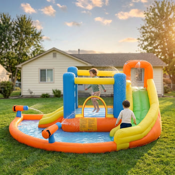 5-in-1 Kids Inflatable Bounce House Jumping Castle with Water Pool, Slide, Climbing Walls & 2 Water Guns