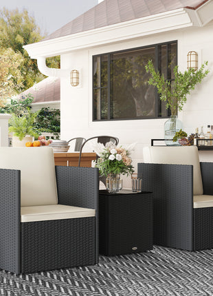 Folding Wicker Bistro Set, 3 Piece Patio Furniture Set with Cushions and Glass Coffee Table for Porch, Balcony, Black