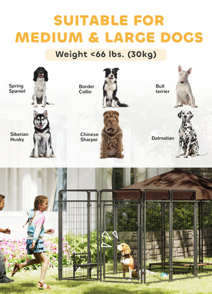 Dog Kennel Outdoor with Waterproof Canopy, Dog Run with Galvanized Chain Link, Secure Lock, for Backyard and Patio, Large and Medium Sized Breeds, Chickens, Ducks, 9.3' x 4.6' x 5.2'