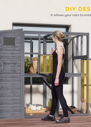 Wooden Outdoor Catio with Platforms, Asphalt Roof, Ramps, Gray