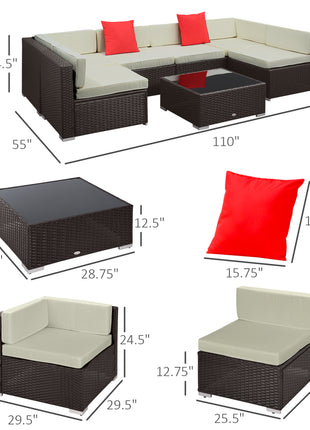 7 Piece Outdoor Patio Sofa Set with Cushions, All Weather PE Rattan, 29.5" Sofa Section, Glass Top Coffee Table for Outdoor Living, Beige