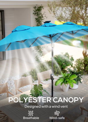 Double-sided Patio Umbrella, 9.7' Outdoor Umbrella with Tilt and Crank, LED Solar Light and 12 Ribs, Light Blue